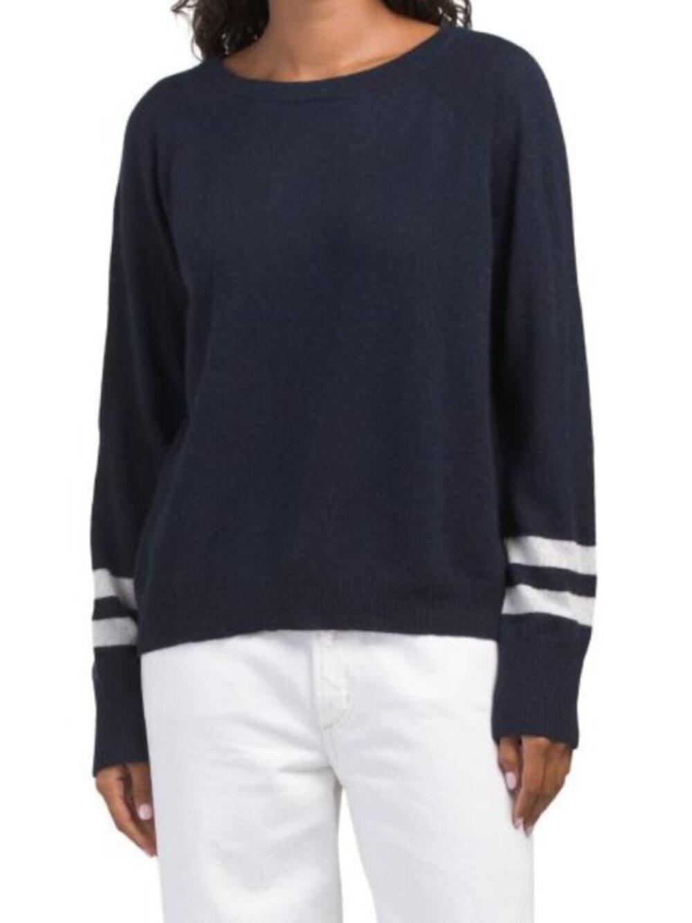 WHITE + WARREN Cashmere Varsity Stripe Essential Sweatshirt